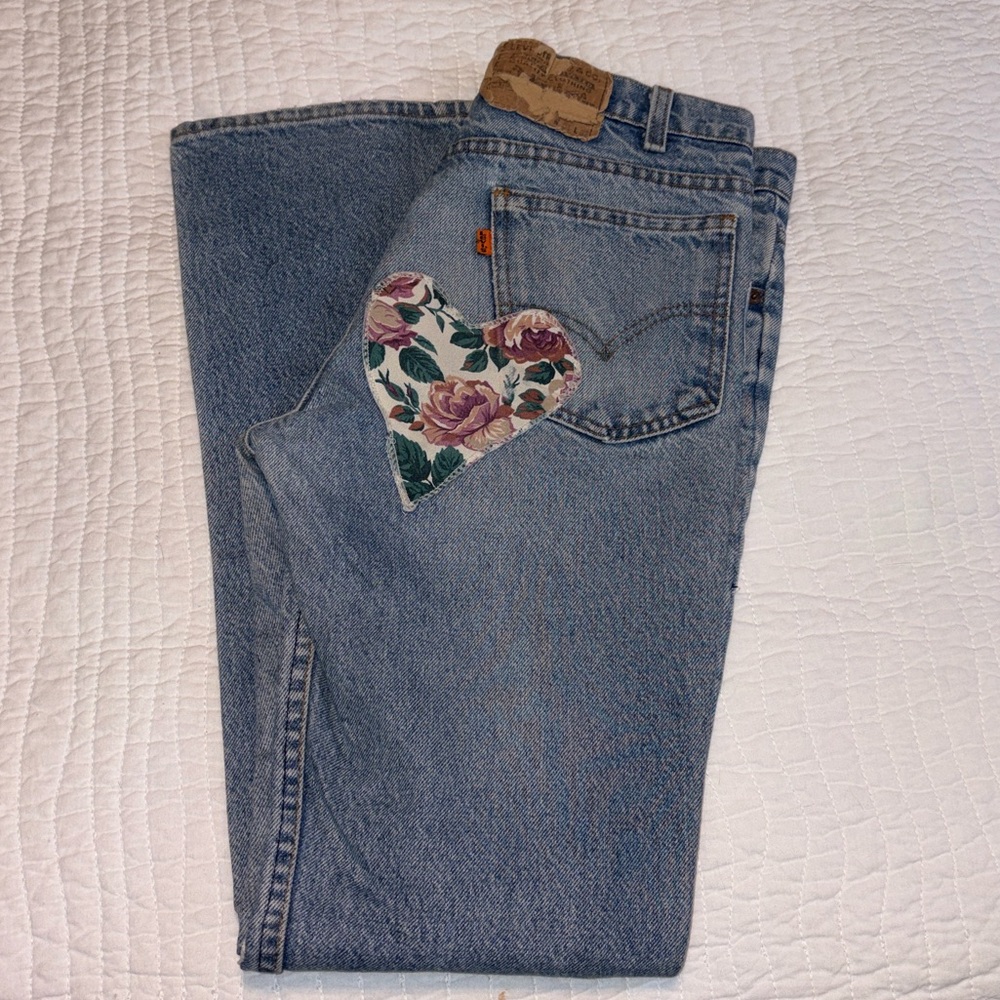 Levi's Vintage Orange Tab Blue Jeans with Floral Heart Patches - Picture 5 of 10